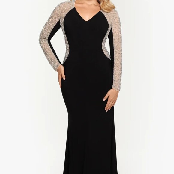 XSCAPE Plus "Wren" Long Jersey Knit Long Sleeve Crystal Beaded Dress EUC worn on - Picture 1 of 5
